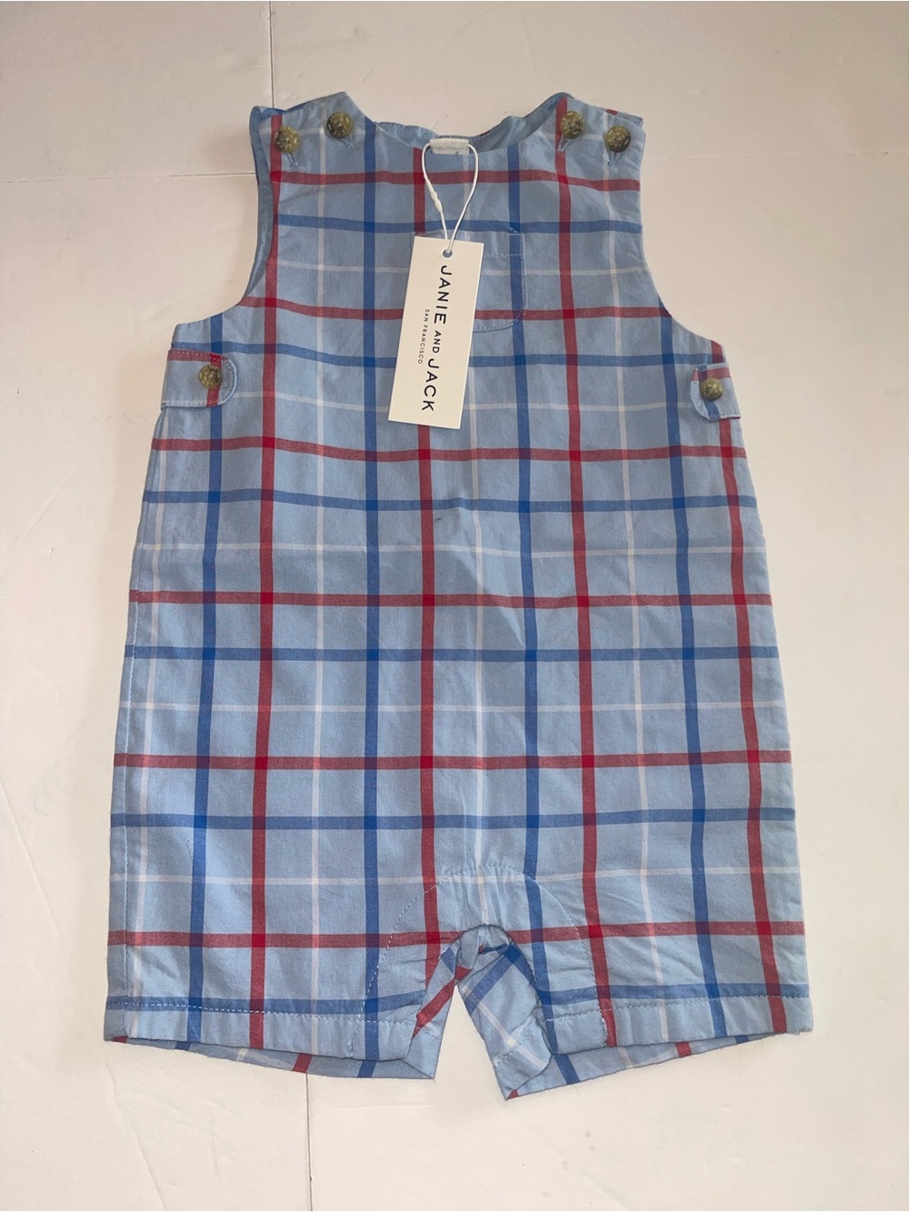 Janie and Jack Boys 3-6 month Blue Plaid Shortall with Red and Navy Stripes NWTS